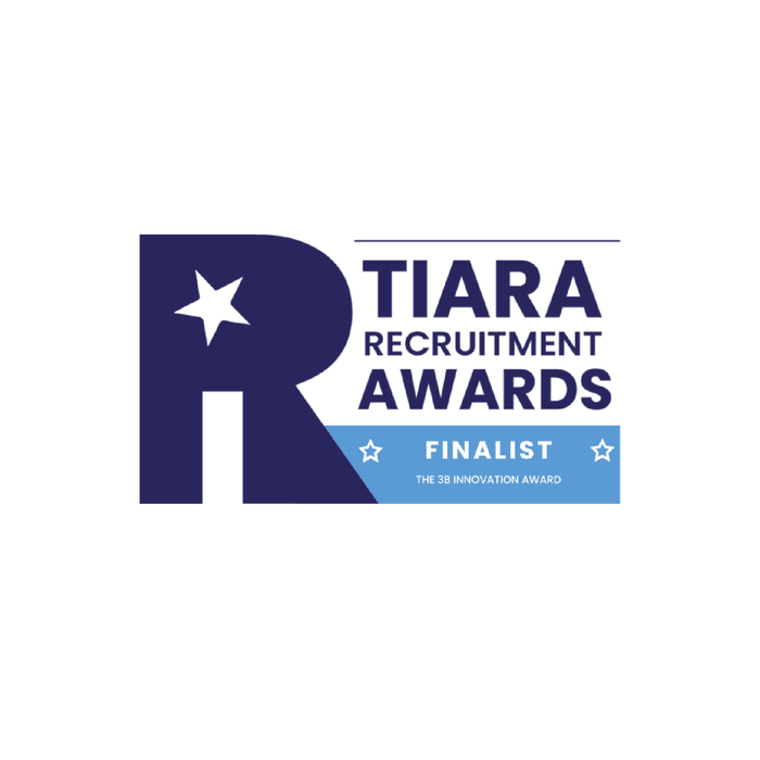 The logo features a large dark blue "R" with a white star inside its upper curve on the left. To the right, "TIARA RECRUITMENT AWARDS" is stacked in dark blue text. Below this, a gold banner contains the word "FINALIST" flanked by two white stars, and underneath it, "THE 3B INNOVATION AWARD" in smaller white text.