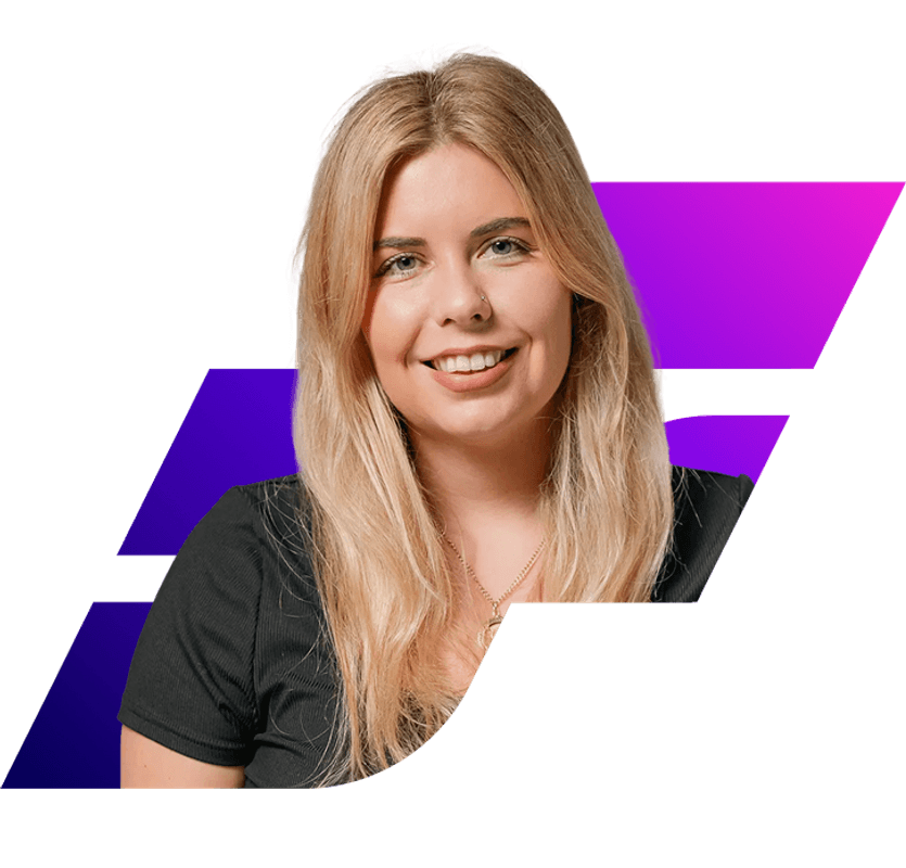 Image of a female member of the SourceFlow team within the SF logo icon