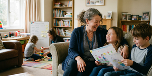 Children's Home Manager playing with the children living at the residential service. A Support Worker is in the background playing building blocks with another child.