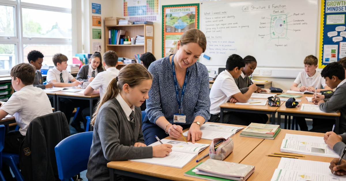 A female secondary school teaching assistant helping a female pupil with her science work