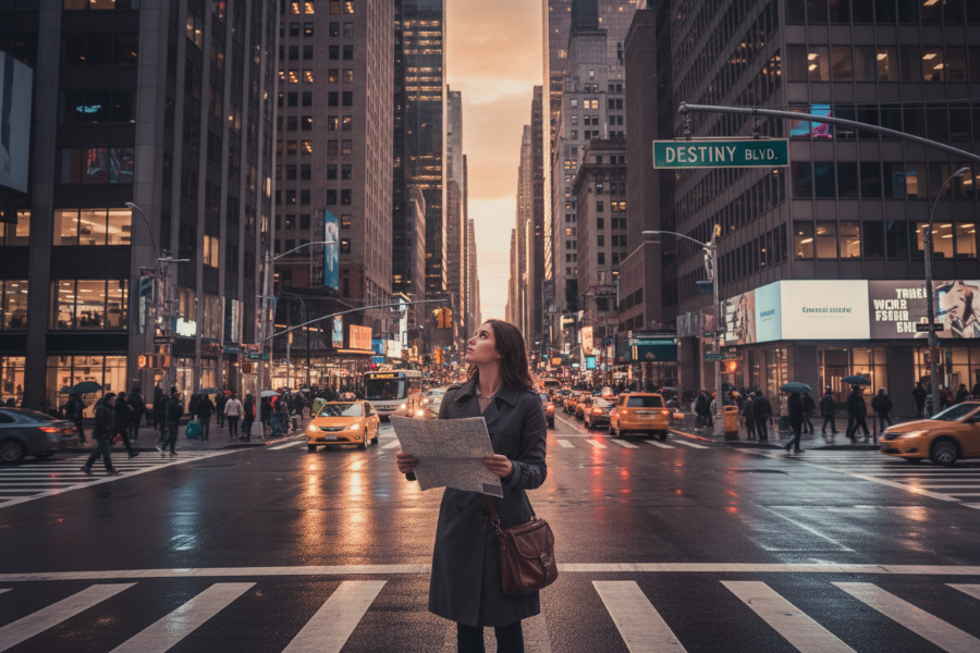 A woman stood at a crossroads in a city with a sign for destiny