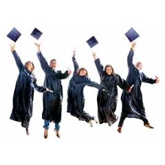  Five happy graduates in dark robes and caps jump in the air against a bright white background. They are throwing their caps and appear to be celebrating their graduation.