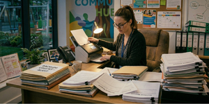 A Children's Home Manager completing some auditing documents at their desk. 