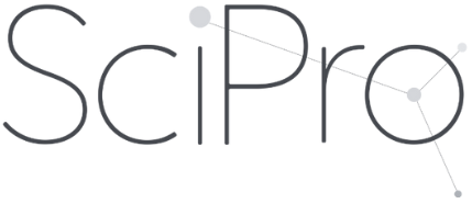 Logo for SciPro featuring the brand name in a modern, thin sans-serif font with lines and dots connecting the letters like a molecular or constellation structure. The design integrates scientific symbolism, reflecting a focus on life sciences or technology.