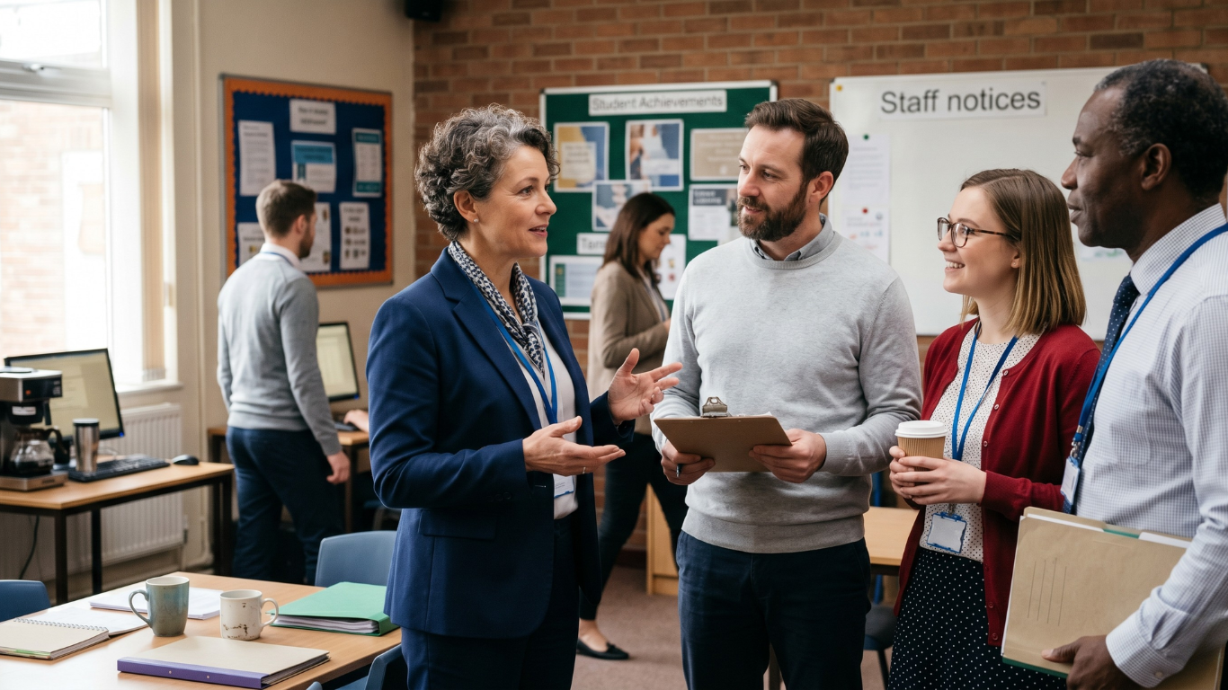 Headteacher of a UK school speaking with her teaching colleagues about the new GCA supply framework and other staff notices