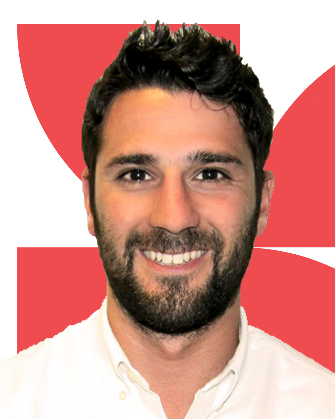 Portrait of Michael Georgiou smiling, with short dark hair and beard, wearing a white shirt.