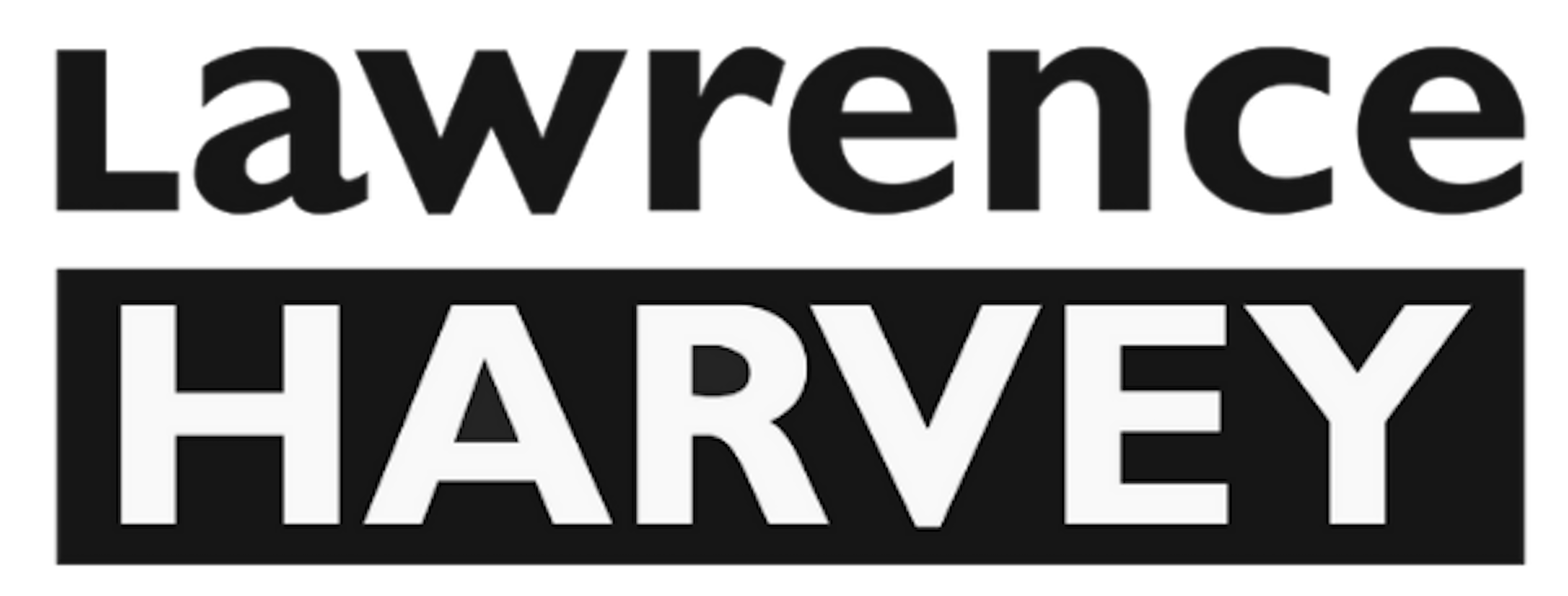 Logo displaying the words "Lawrence HARVEY" with "Lawrence" in black bold font above and "HARVEY" in white capital letters set against a solid black rectangular background. The design conveys a modern and professional brand identity.