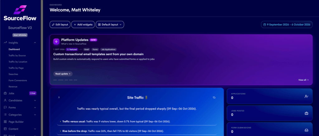 A screen shot of SourceFlow's new feature: A 'Platform Updates' window within the CMS