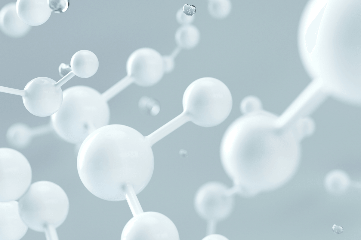 Abstract 3D illustration of interconnected white molecular structures with floating transparent droplets against a soft blue-grey background, representing scientific research, biotechnology, chemistry, or life sciences innovation.
