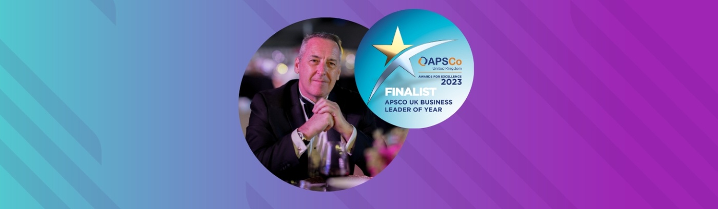 Logo of the APSo UK Awards for Excellence featuring "Leader of the Year Finalist" text, alongside a picture of a man.