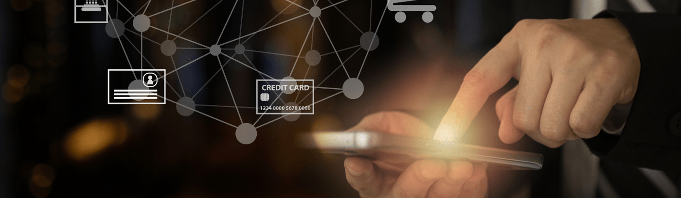 A businessman interacting with a smartphone, which shows multiple icons, indicating various applications or features.