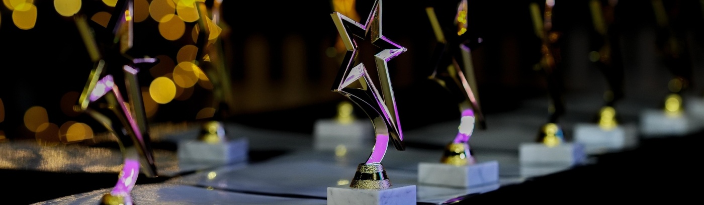  A collection of prestigious awards displayed on a table, symbolising excellence and achievement in various fields.