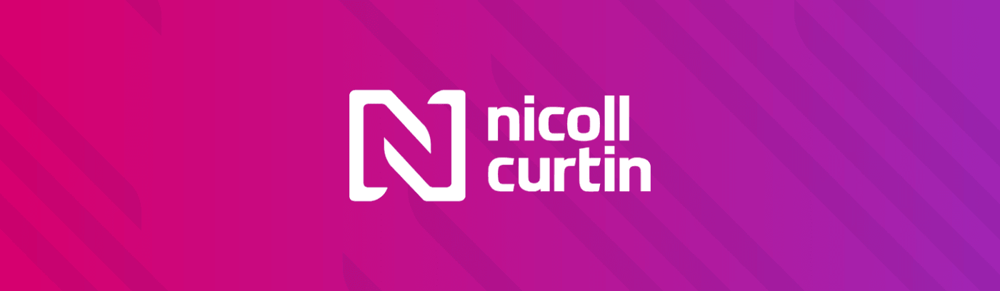 A vibrant pink and purple background featuring the text "Nicoll Curtin" prominently displayed in the centre.