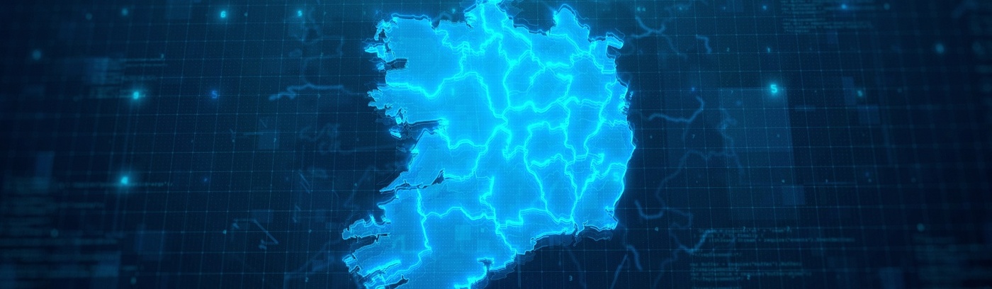 Ireland's map displayed against a backdrop of digital data, illustrating the intersection of geography and technology.