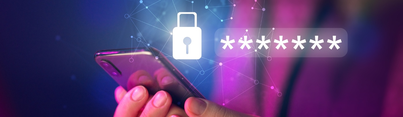 A woman focused on her smartphone, showcasing a security icon on the display, representing cybersecurity awareness.