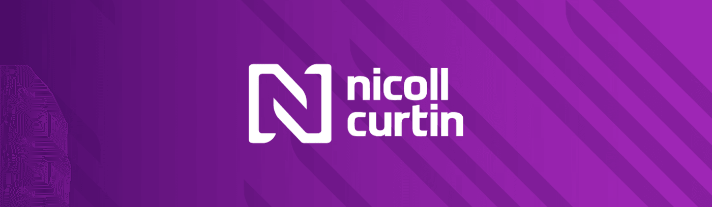 A striking purple background featuring the Nicoll Curtin logo, highlighting the brand's distinctive design and color.