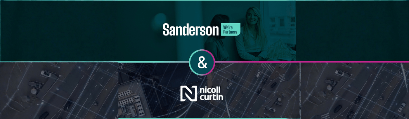 Logos of two recruitment companies in a graphic on the background of city roads and people smiling. 