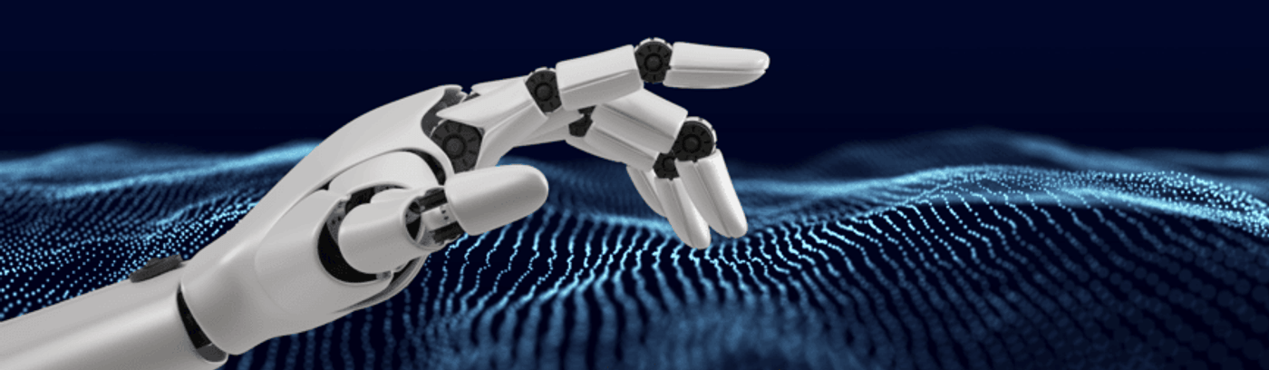 A robotic hand interacts with a dynamic wave pattern, illustrating the blend of artificial intelligence and natural forms.