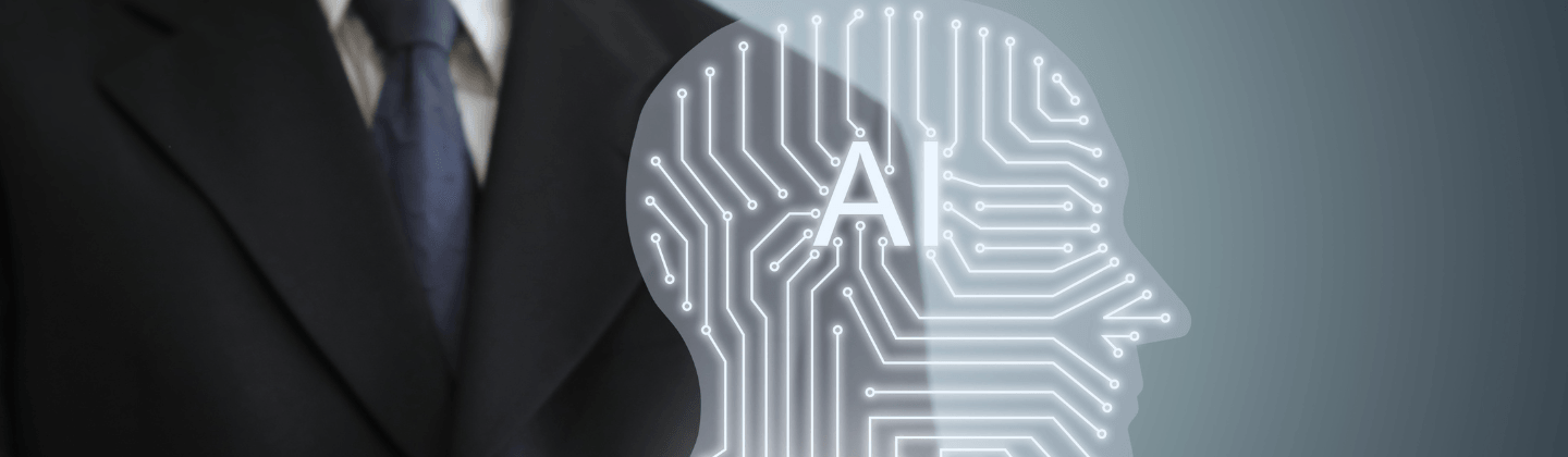 A businessman using a tablet, with a digital head displayed on the screen, representing AI.