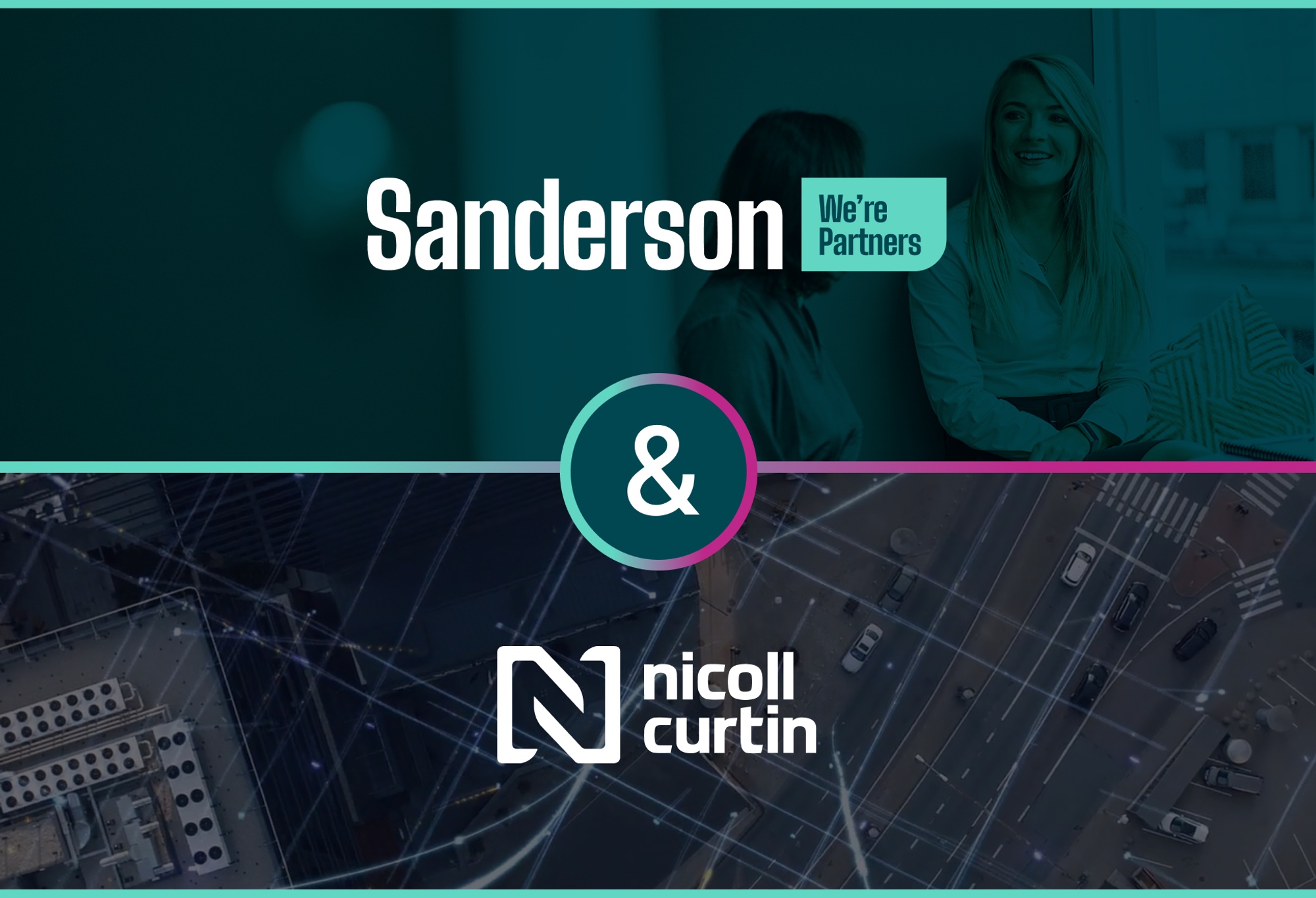 Logos of two recruitment companies in a graphic on the background of city roads and people smiling. 