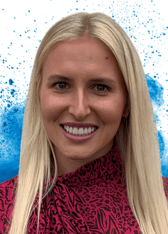 Headshot of Laura Caswell with blue paint splash behind her