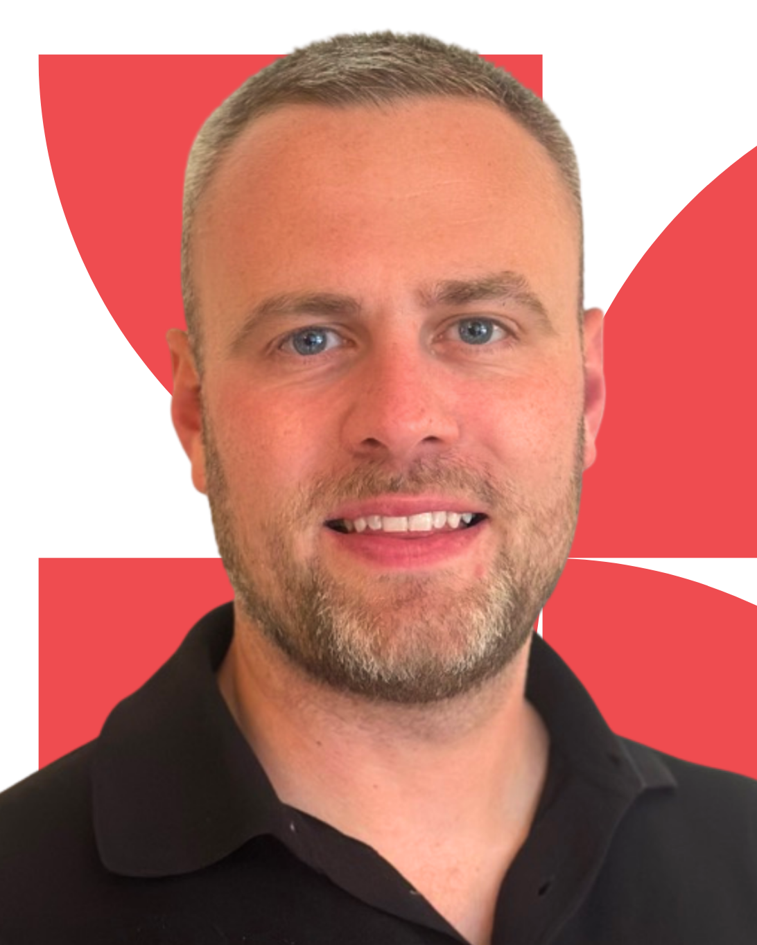 Headshot of man with a black polo shirt in front of a red graphic backdrop