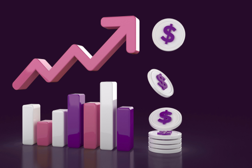 A 3D illustration showing financial growth and increasing revenue. A pink upward-trending arrow rises above a series of purple, pink, and white bar charts. On the right, several silver coins marked with purple dollar signs appear to be stacking and falling into a pile. The graphic is set against a dark purple background, highlighting the theme of business performance, profit growth, and financial success.