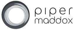 Logo for Piper Maddox featuring a circular, swirling grey emblem to the left of the brand name, with the words "piper" in lowercase thin black font and "maddox" in a slightly lighter, rounded style beneath it. The design conveys a sleek, modern identity.